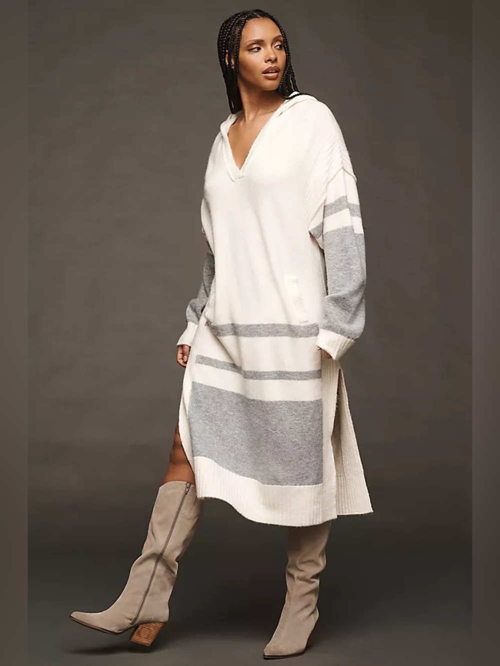 Anthro Daily Practice Ivory and Gray Striped V-Neck Relaxed Maxi Dress, Size MP